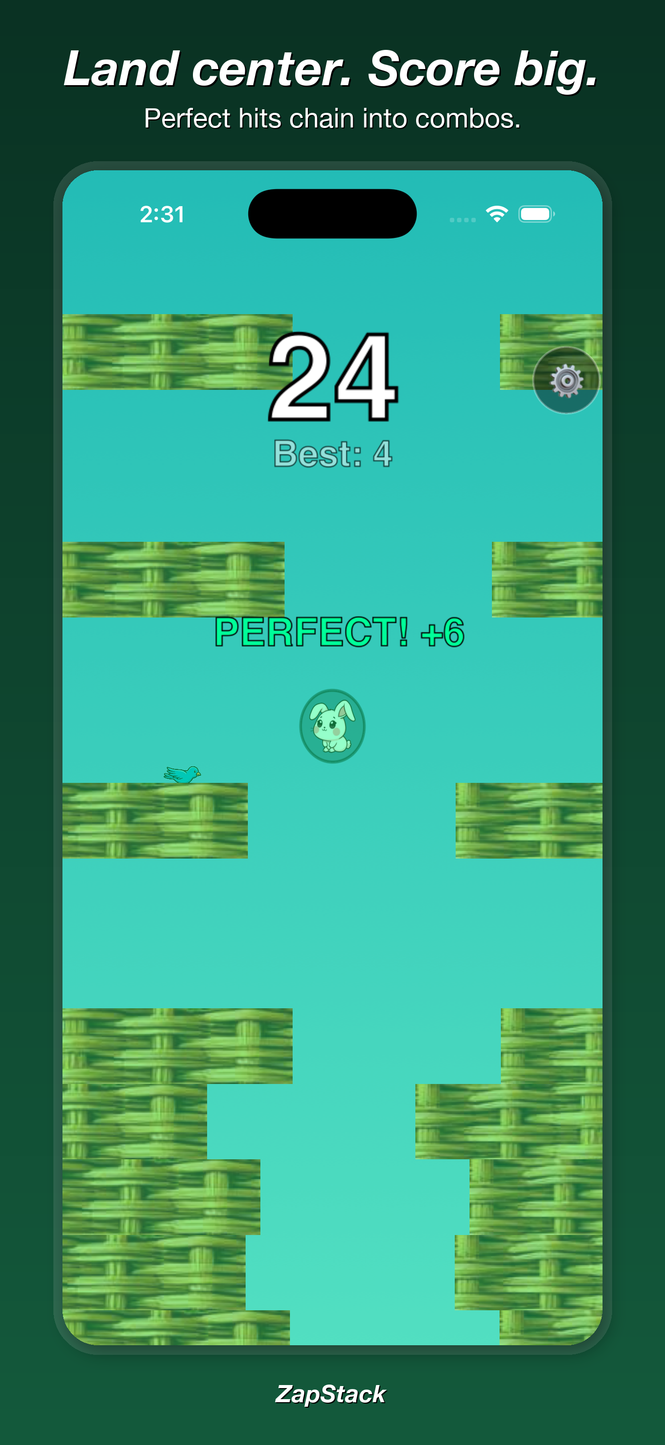 ZapStack gameplay with platforms stacking into a tower